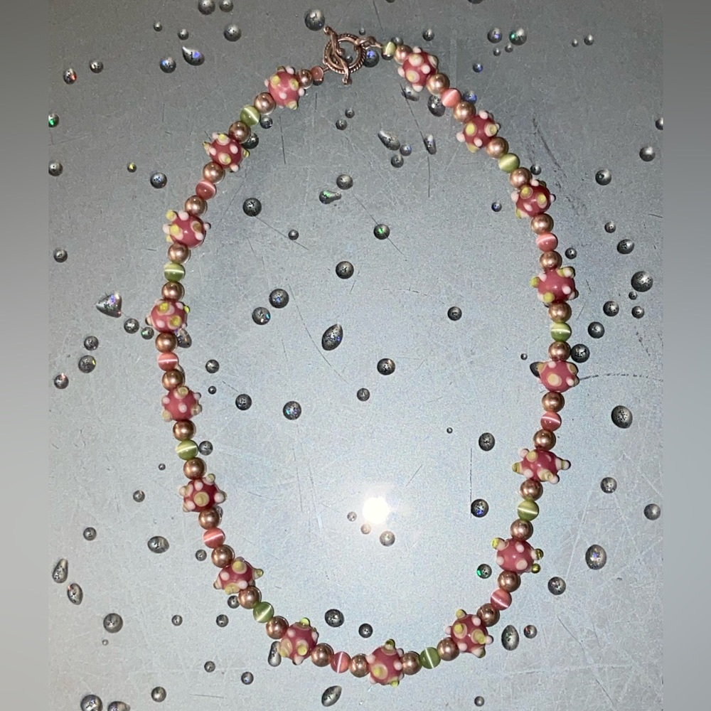 Pink & Green Glass Beaded 20” Necklace with Sterling Silver Toggle Clasp 🩷💚